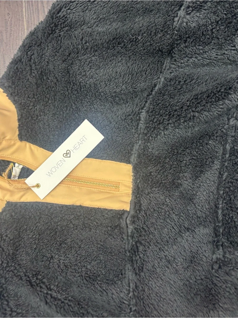 Woven Heart Black Teddy Jacket with Tan Zip Collar